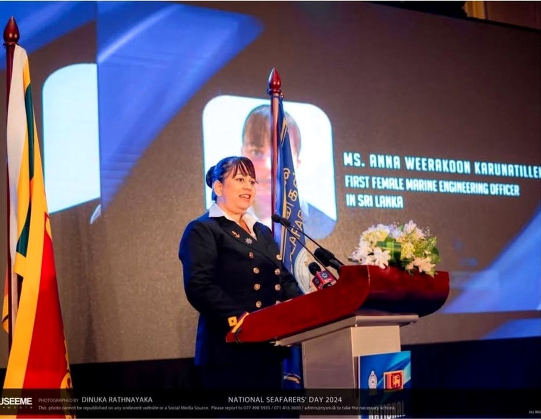 Dr. Anna W Karunatilleke introduced on stage as Sri Lanka's first female marine engineering officer, National Seafarers' Day 2024